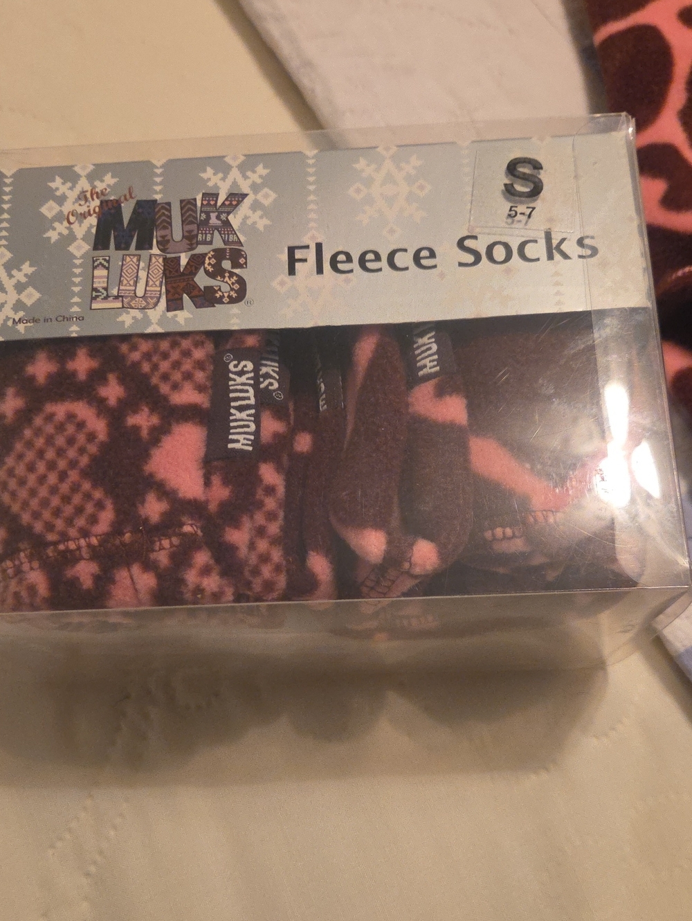 Muk Luks Pink & Brown Fleece Casual Socks - Small